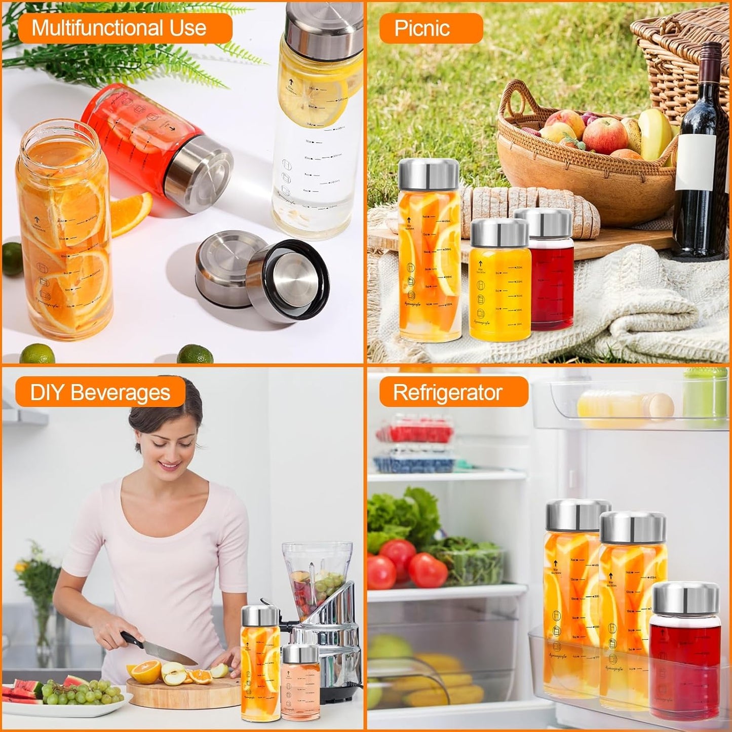 Glass Juice Bottles 4 Pack 16 oz - Wide Mouth Glass Water Bottles with Lids - for Juicing, Smoothies, Milk, Protein, BPA Free, Reusable, Stainless Steel Lids, Leak Proof, Shaker bottle [16oz/500ml]