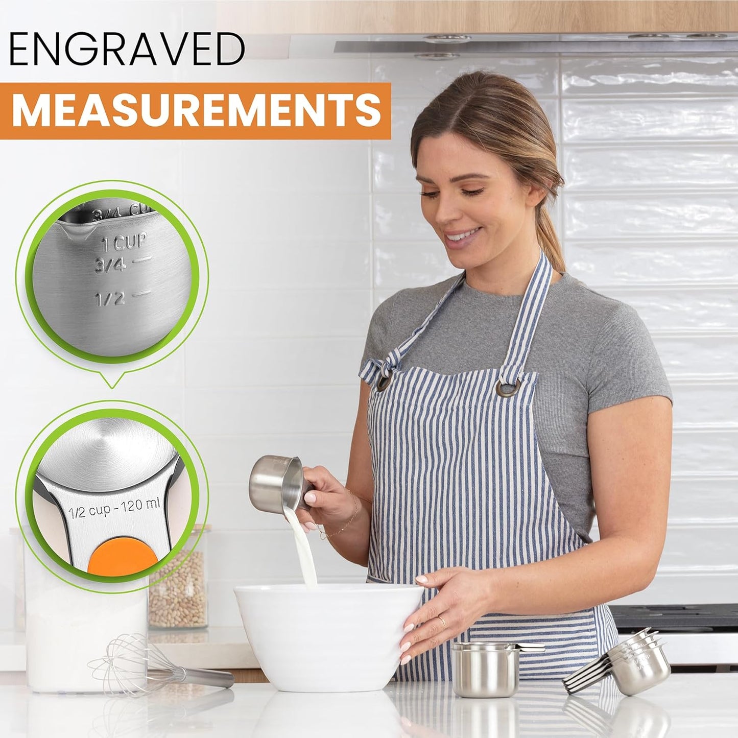 Spring Chef Magnetic Stainless Steel Measuring Cups (Patent Pending), Kitchen Tools with Easy to Read Markings for Measuring Dry or Liquid Ingredients, Set of 7, Neon