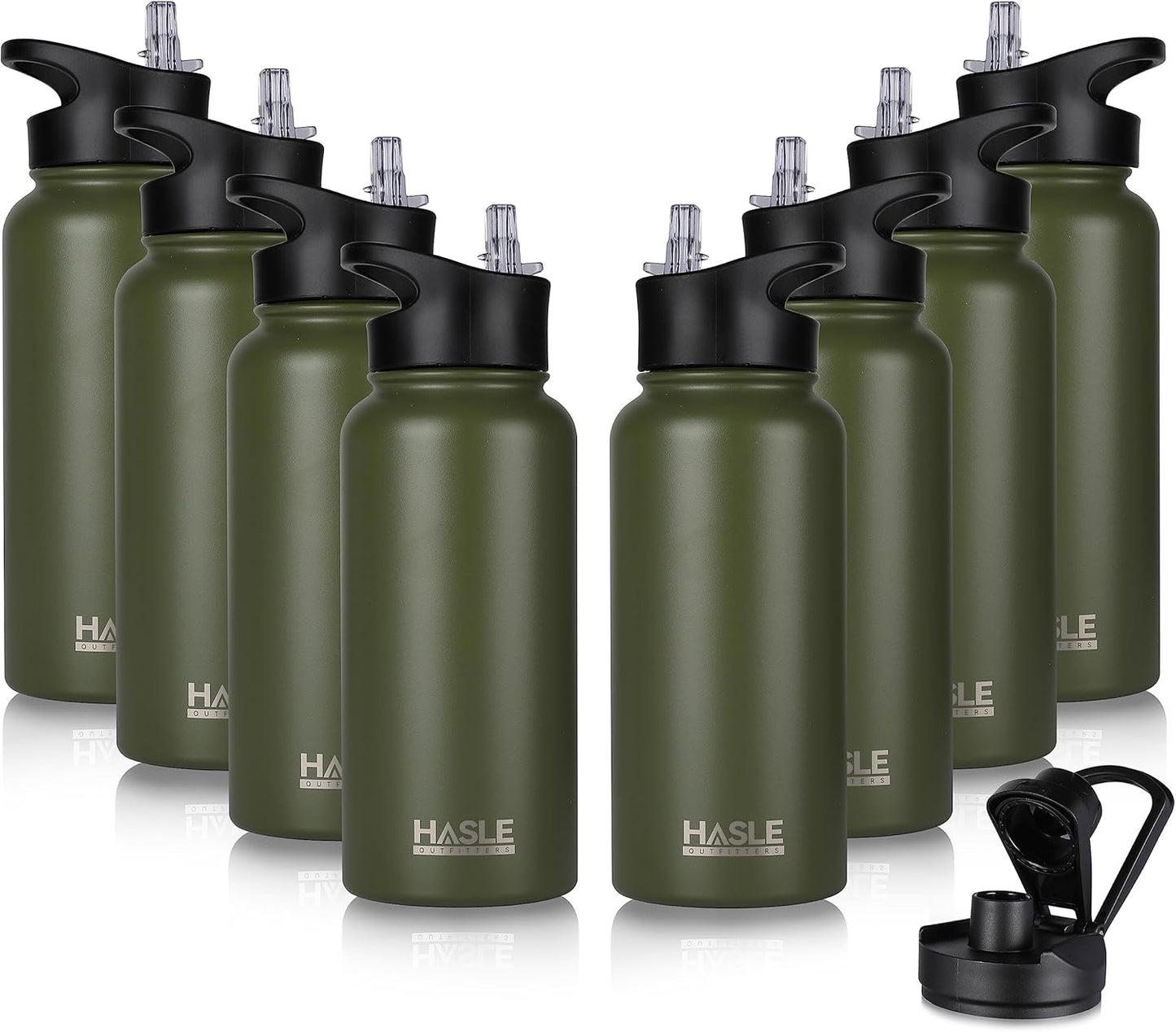 HASLE OUTFITTERS 32 oz Insulated Water Bottle Stainless Steel Double Walled Vacuum Sports Water Bottle with 2 Lids (Straw and Spout Lid) for Gym Camping Hiking(Army Green,8)