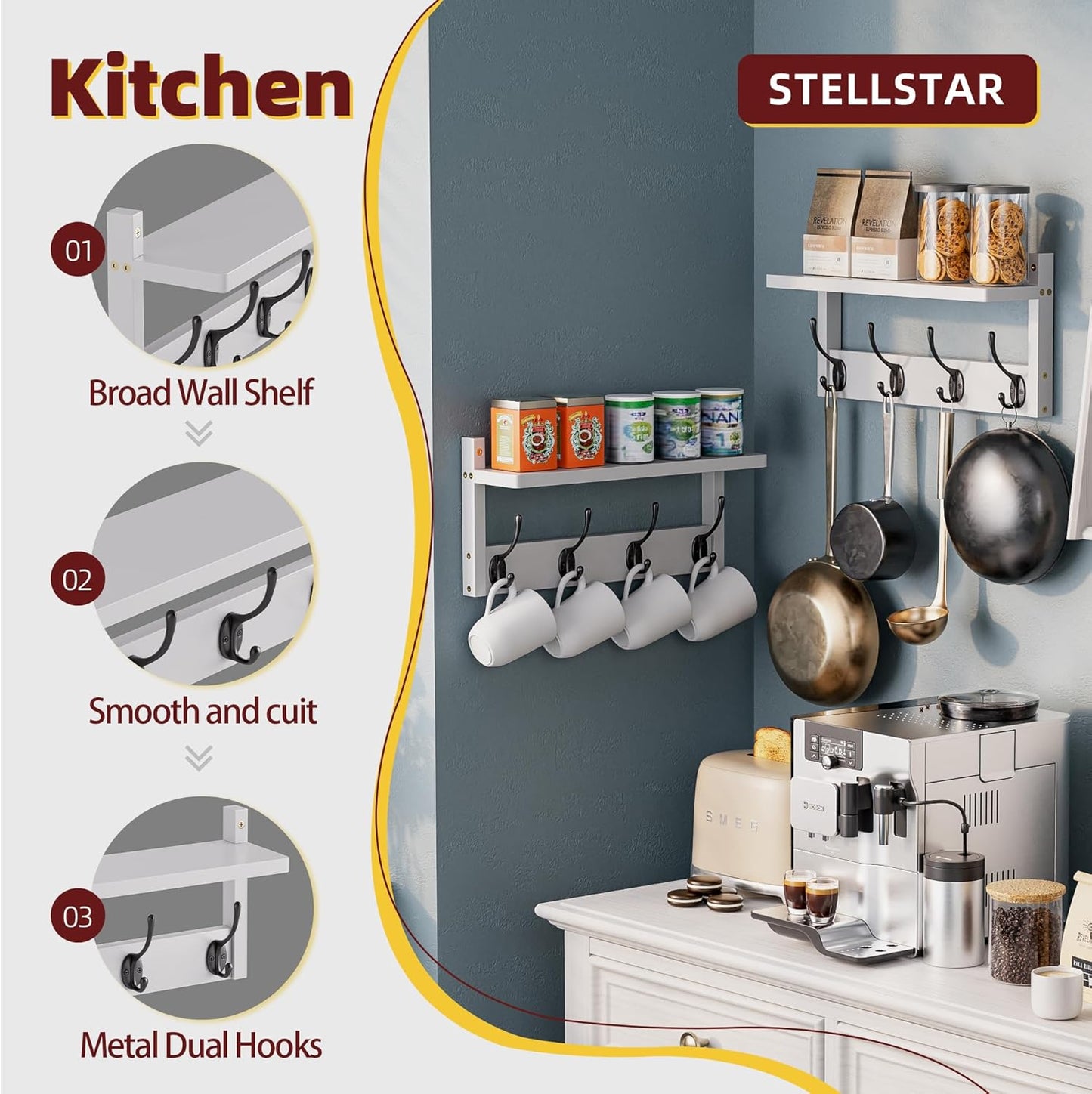 Coat Rack with Shelf Wall Mount, Entryway Bamboo Hanging Shelf, Set of 2, Wall Hook Rail for Hallway Décor, Storage Clothe, Hat, Robe, Key, Dog Leash (White+Black)