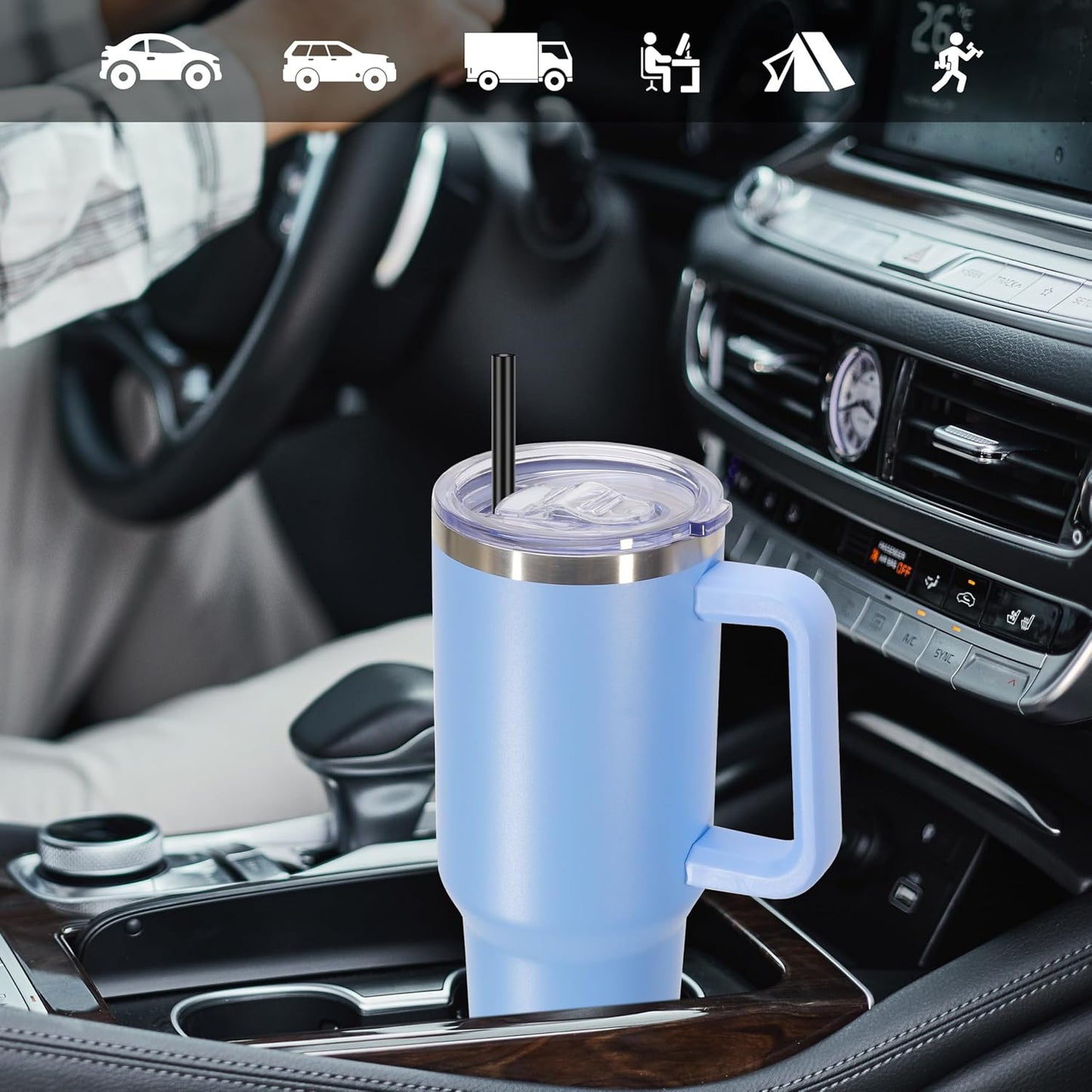 DOMICARE 40 oz Tumbler with Handle and Straw, Stainless Steel Tumbler with Lid and Straw, Reusable Vacuum Insulated Cup, Travel Coffee Mug, Blue, 4Pack