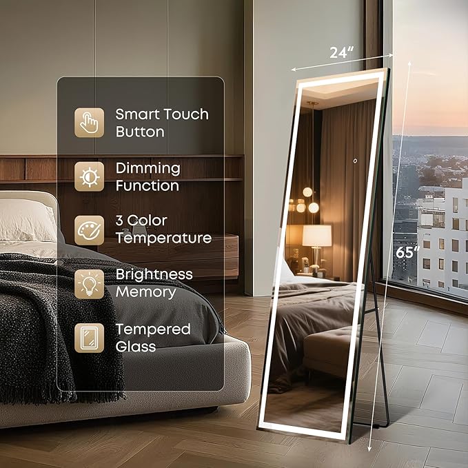 Kosmonia 65x24 Full Length Mirror, Dimmable 3 Color LED Light w/Light Memory - Image 6