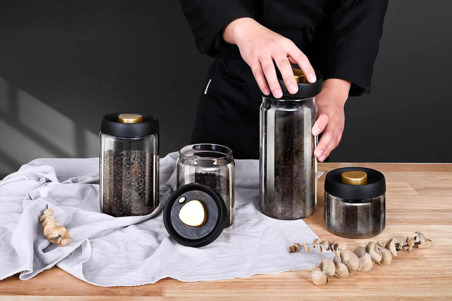 LOEZ Coffee Bean Storage Container Airtight, Lid Sealed with Press-Down Vacuum, Borosilicate Glass Coffee Canister for Ground Coffee, Tea, Beans, Spices (2 x Small - Gray)