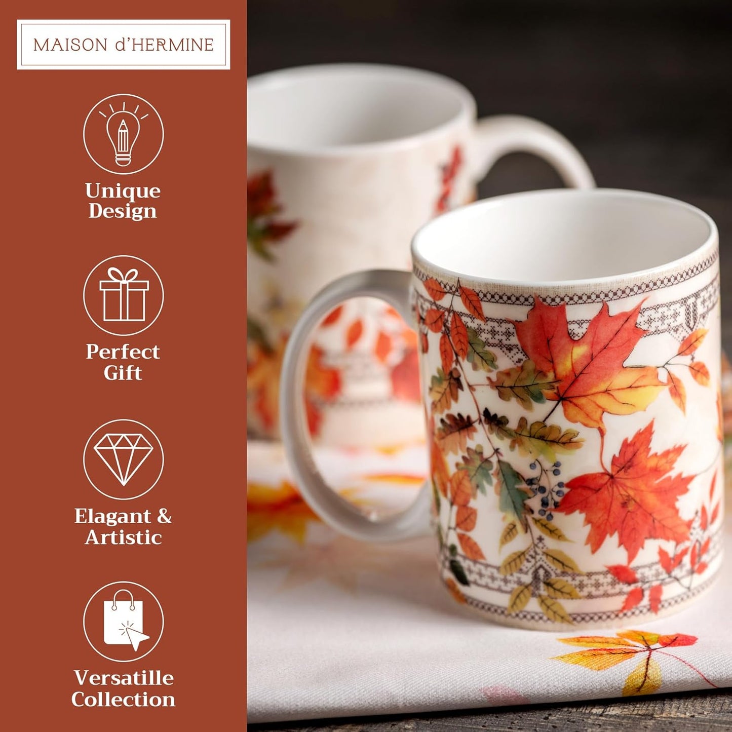 Maison d' Hermine Coffee Mug with Handles Fine Bone China Mugs Pack of Two Tea Cups for Hot Beverages Cappuccino Latte Home Restaurant Office Perfect for Gift (Amarante, 12 Ounce)