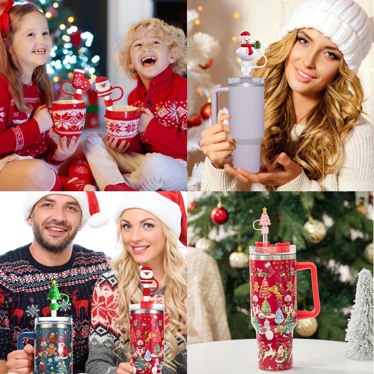 8PCS Christmas Straw Toppers for Stanley Cup Holiday Straw Cover for Stanley 30oz & 40oz Tumbler with Handle,10 mm Silicone Straws Topper Cap for Party Favor