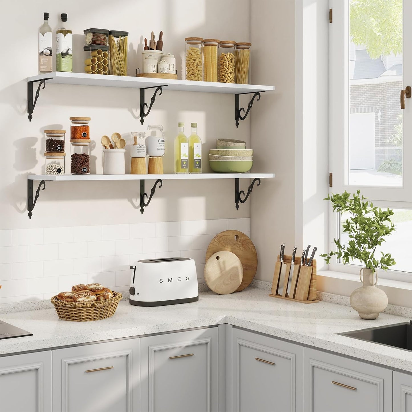 RICHFOCUS 12 Inch Deep Floating Shelves for Wall, 48" W x 12" D Wood Wall Shelves Set of 2, Wide Floating Shelves for Living Room, Bedroom, Kitchen, Bathroom and Decor Storage, White