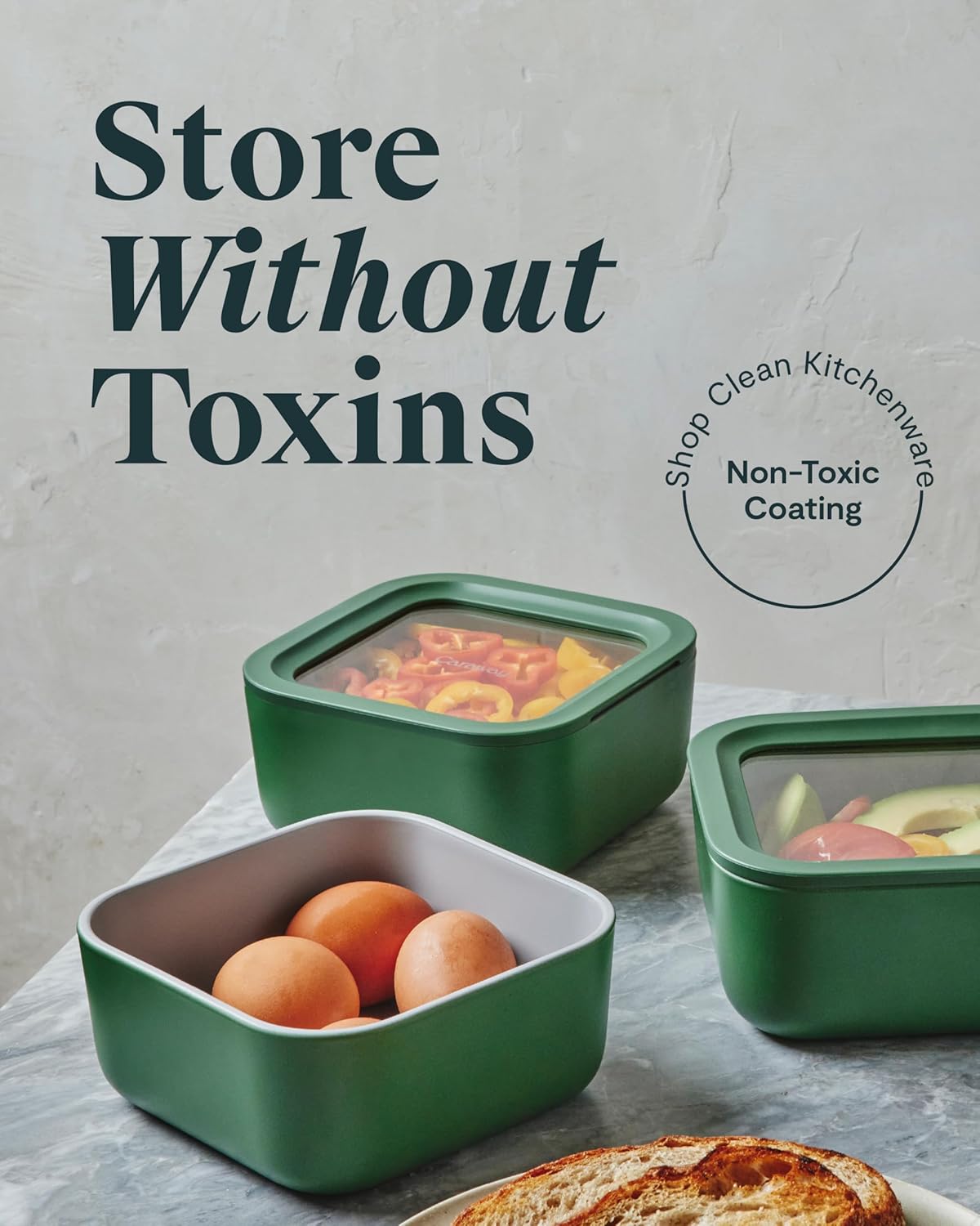 Caraway 6pc Glass Food Storage Set – 4.4 Cup Food Containers (6) - Ceramic Coated - Non Toxic, Non Stick with Lids - Microwave Safe - Gray