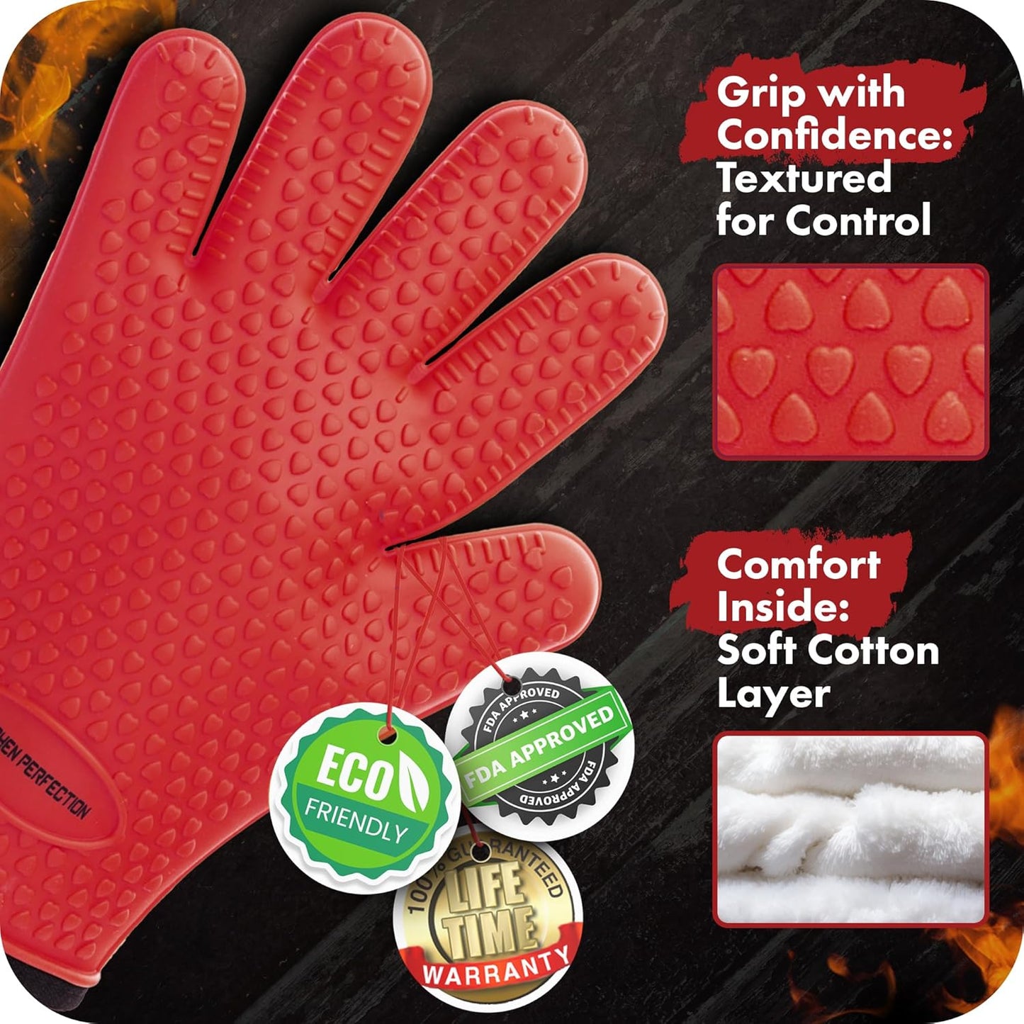 KITCHEN PERFECTION XL Silicone Smoker Oven Gloves-Extreme Heat Resistant BBQ Gloves-Handle Hot Food Right on Your Grill Fryer&Pit|Waterproof Grilling Cooking Baking Mitts|Superior Value Set+3 Bonuses