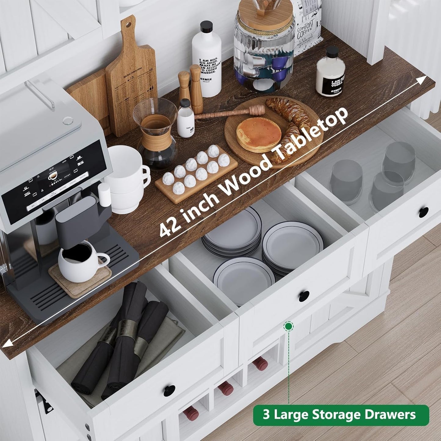 4 EVER WINNER 72" Coffee Bar Cabinet with Sliding Barn Door & Wine Racks, Hutch Cabinet with Storage and 3 Drawers, Farmhouse Coffee Bar with Wine Glass Holder for Dining Room Kitchen, White