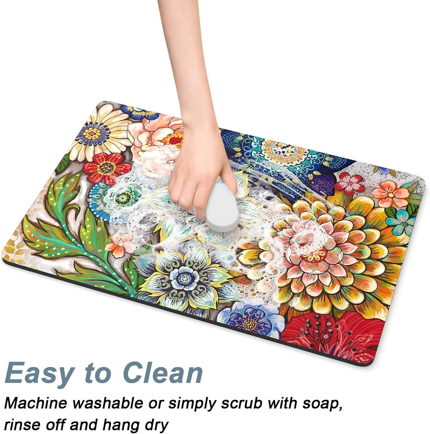 Rnivvi Coffee Mat, 16" x 24" Cute Flower Theme Coffee Bar Mats for Espresso Machine Station Accessories and Organizer, Hide Stain Rubber Backed Absorbent Dish Drying Pad for Kitchen Counter, Mandala