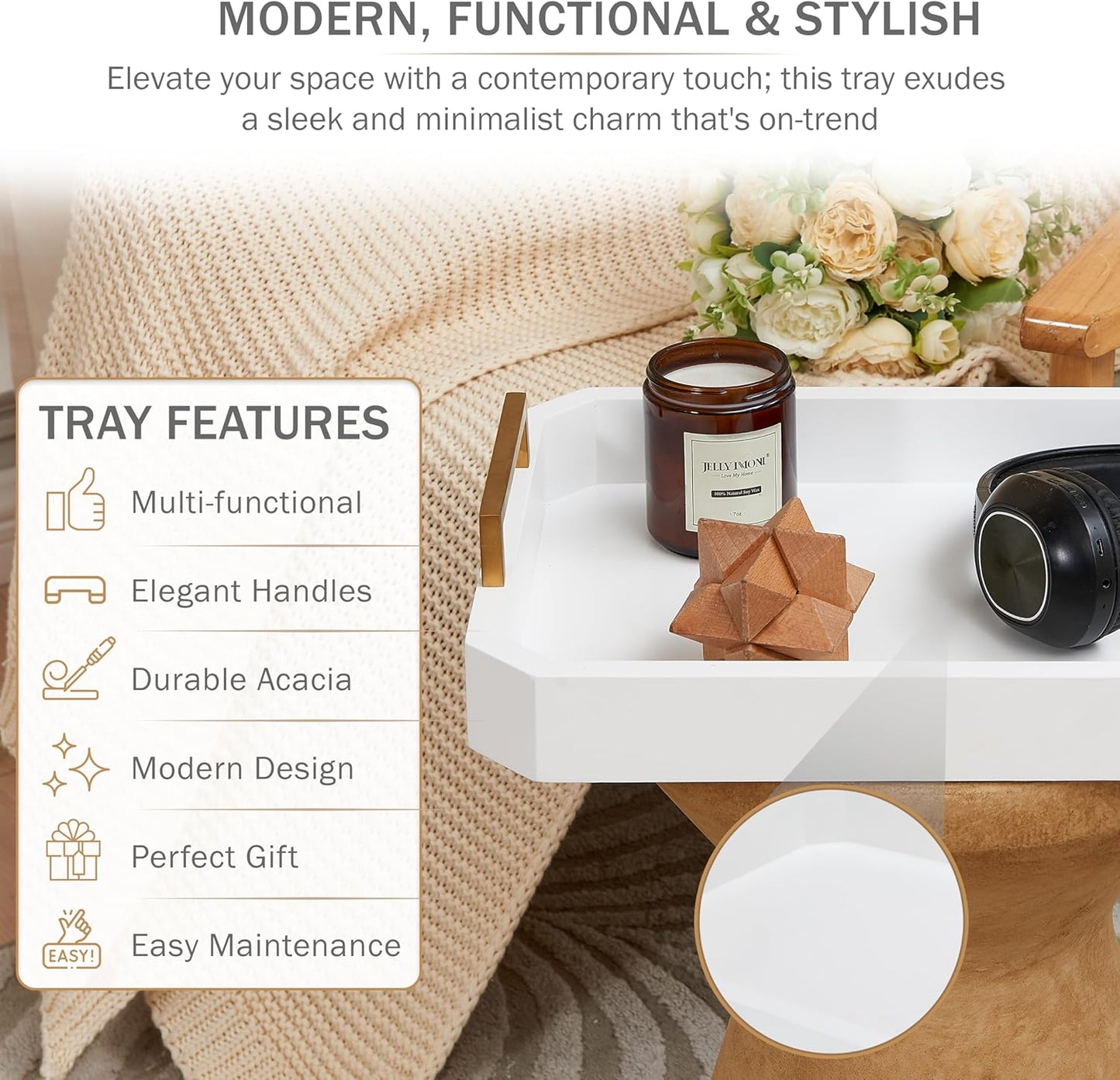 Decorative Acacia Wood Ottoman Tray - Coffee Table Tray - Breakfast, Party, Drinks, Snack, Liquor Serving Platter - Farmhouse to Modern - Brass Handles (Moonlight White)