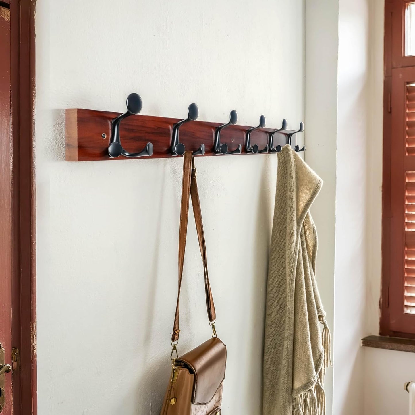 SKOLOO 36-Inch Cherry Wood Coat Rack Wall Mount with 6 Triple Hooks - Ideal for Family Entrances, Classrooms, and Pet Supplies Storage - Perfect Coat Hooks for Wall