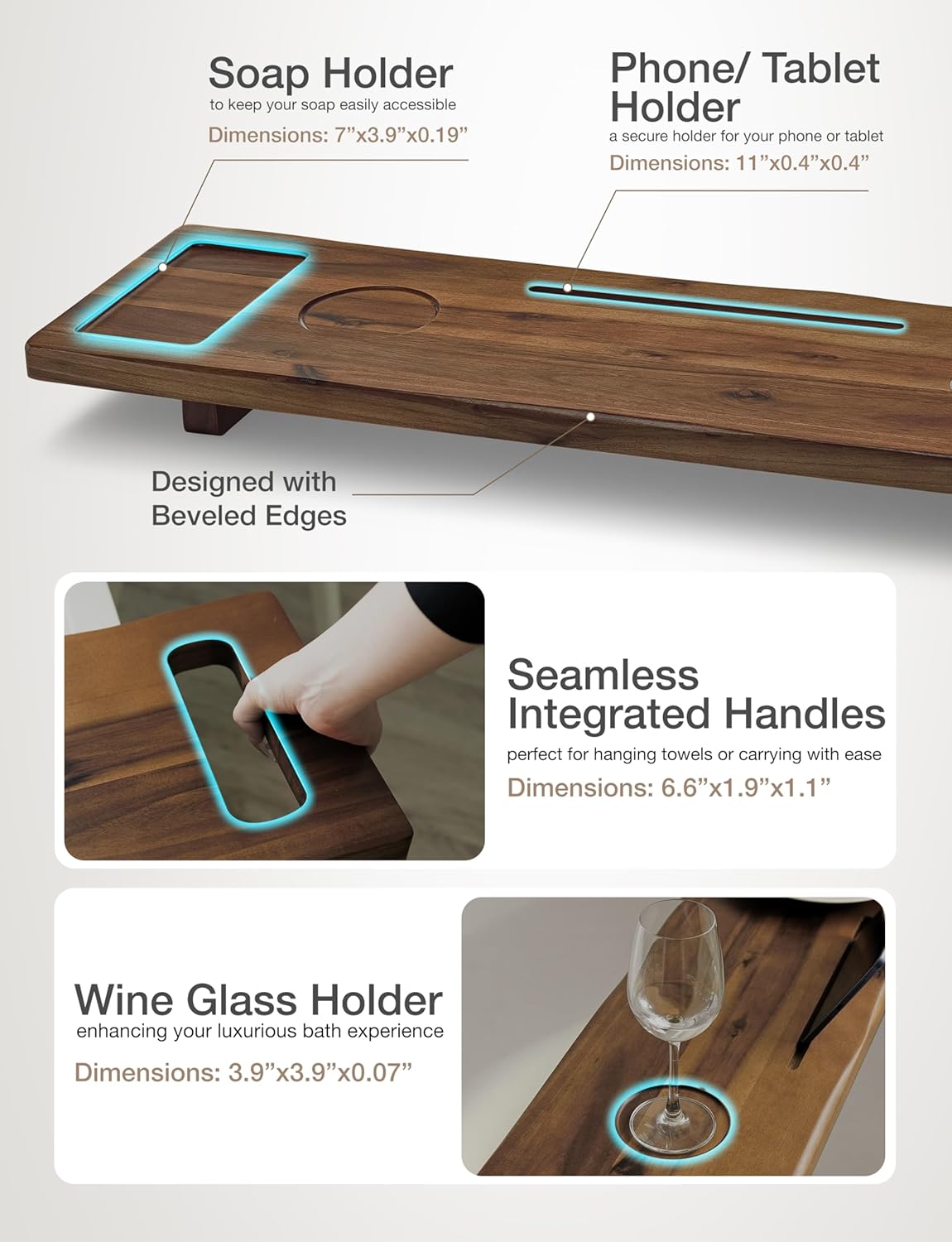 Tinamo Acacia Bathtub Tray Caddy with Adjustable Legs - Bath Tub Tray for Freestanding Tubs - 39x9.75 Inch Large Wooden Anti-Tipping Tub Tray for Bathtub with Accessories Holders (Walnut, 39x9.75)