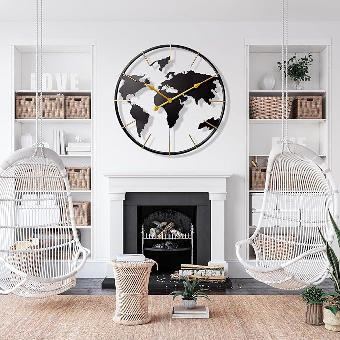 Large World Map Wall Clock, Metal Minimalist Modern Clock, Round Silent - Image 5