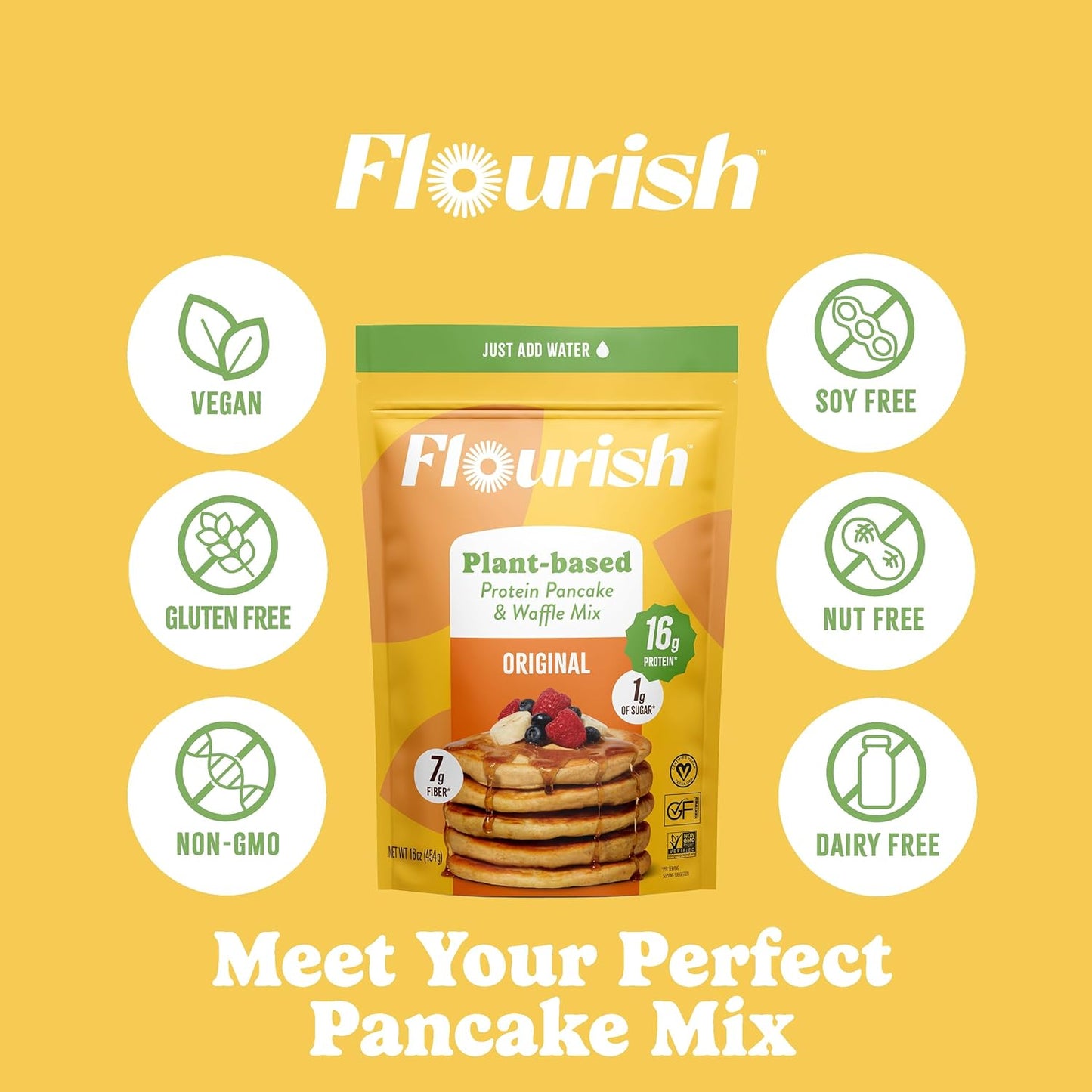 Flourish Plant-Based Protein Pancake & Waffle Mix, Gluten-Free, Dairy-Free, Nut-Free, Soy-Free, Vegan, Non-GMO, All-Natural Superfood, High Protein & Fiber, Just Add Water - Original, 430 g (2 Pack)
