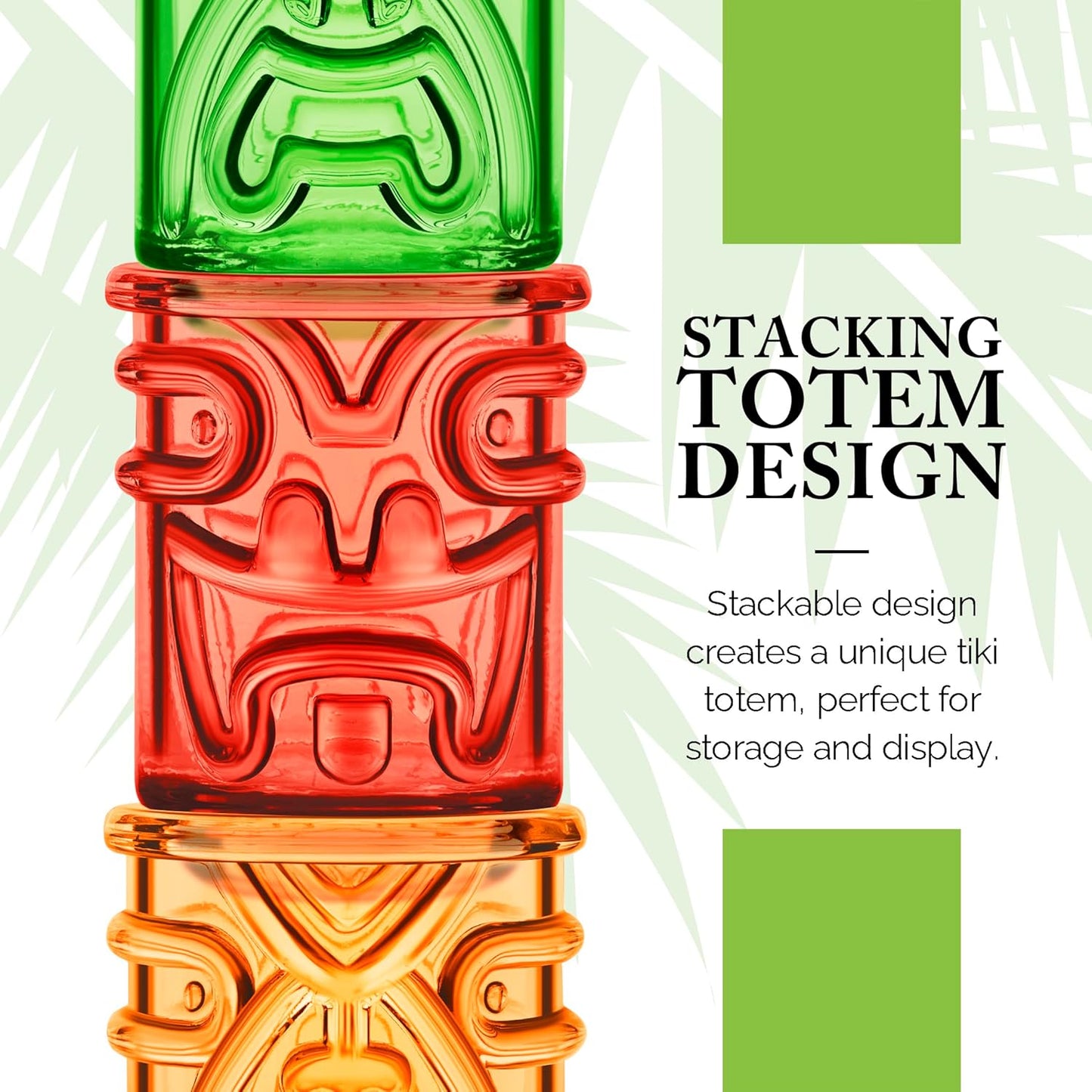 Final Touch Tiki Shot Glasses Set of 4 - Kanaloa, Lono, Kū, Kāne Designs, 2 oz (60 ml), Multicoloured, Stackable Totem Pole Storage, Durable Glassware for Tropical Shots (TK5402)
