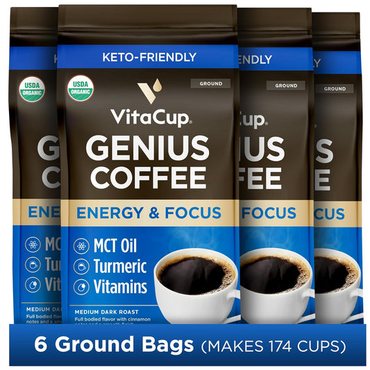 VitaCup Organic Genius Ground Keto Coffee, Increase Energy & Focus w/MCT Oil, Turmeric, B Vitamins, D3, USDA Organic Ground Coffee Medium Dark Roast, 100% Arabica Beans, 6 bags, 10 oz each