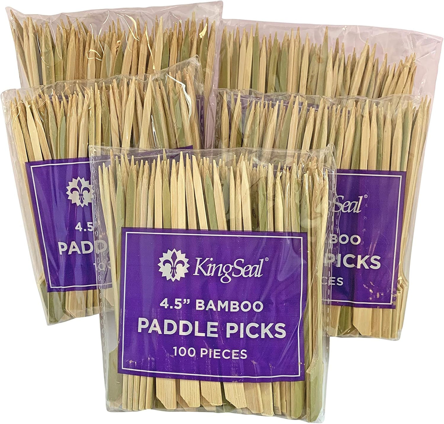 500 Count | KingSeal Natural Green Bamboo Wood Paddle Picks, Skewers for Appetizers and Cocktails, 4.5 Inches - 5 Packs of 100