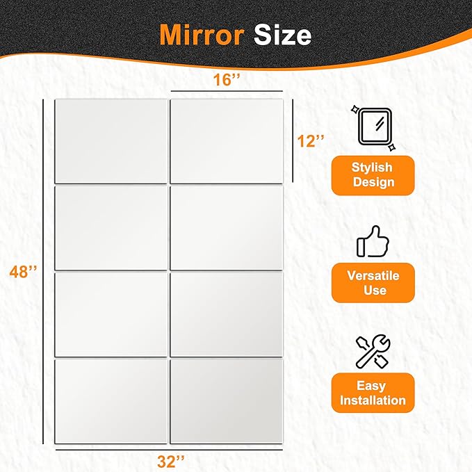 Delma Frameless Mirror Tiles 16"x12"x8 Pcs Wall Mounted, Shatter Resistant Full - Image 3