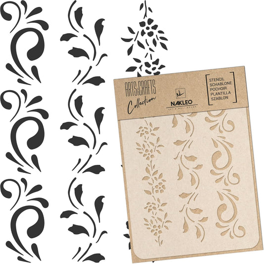 NAKLEO Painting Stencil for Crafts A3 11.8” x 16.5”, Border Flower Plant Pattern, Reusable Plastic DIY & Scrapbooking Drawing Template, Decoupage Art Home Decor, Wall Wood Fabric Furniture