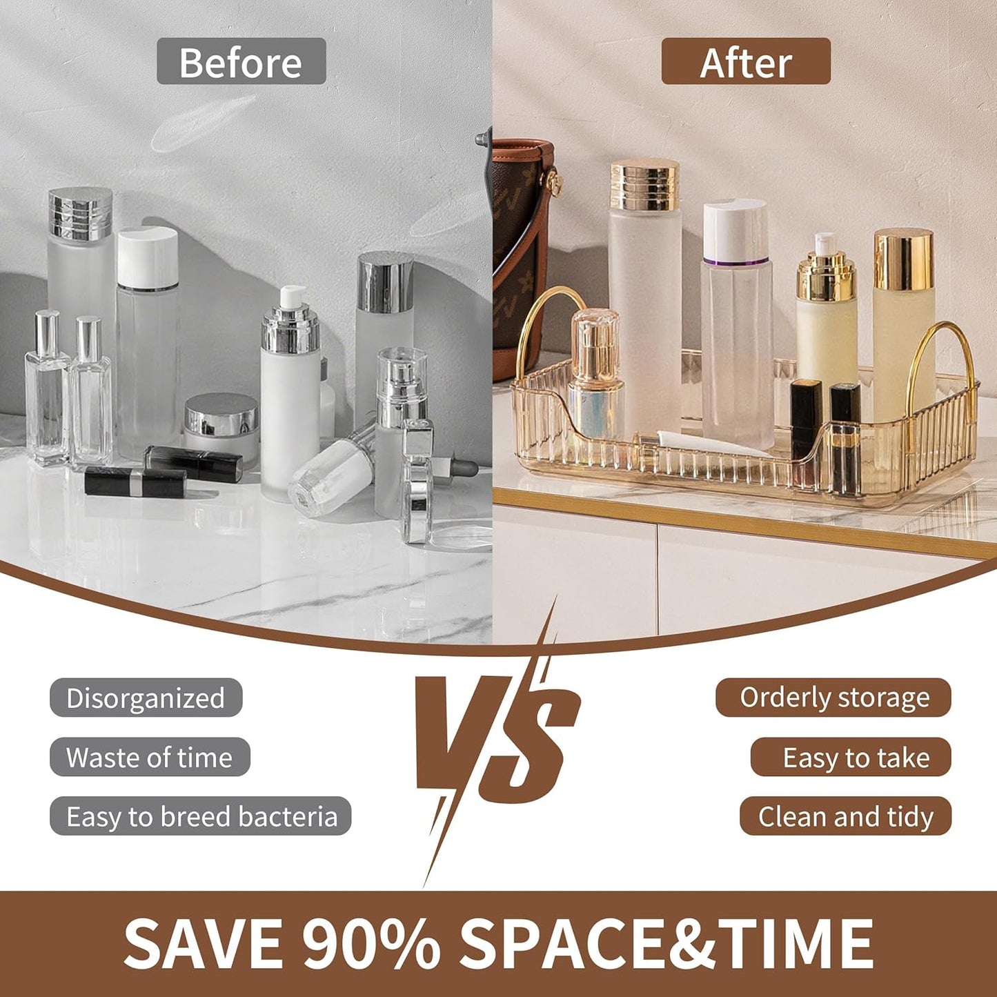 YCIA&DONE Bathroom Organizer Countertop, Makeup Storage, Skincare Cosmetic Tray Shelf, Perfume Holder Rack for Vanity Counter, Large Capacity, Easy to Install, Clean, 1 Tier, Amber Gold