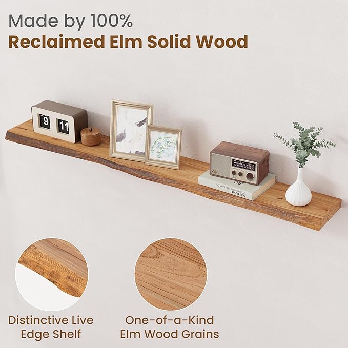 Floating Shelves for Wall Decor, Rustic Solid Elm Wood Live Edge Floating - Image 3