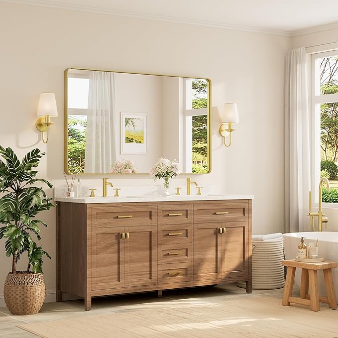 TETOTE 60 x 36 Inch Mirrors for Bathroom, Brushed Brass Gold Vanity Mirror - Image 2