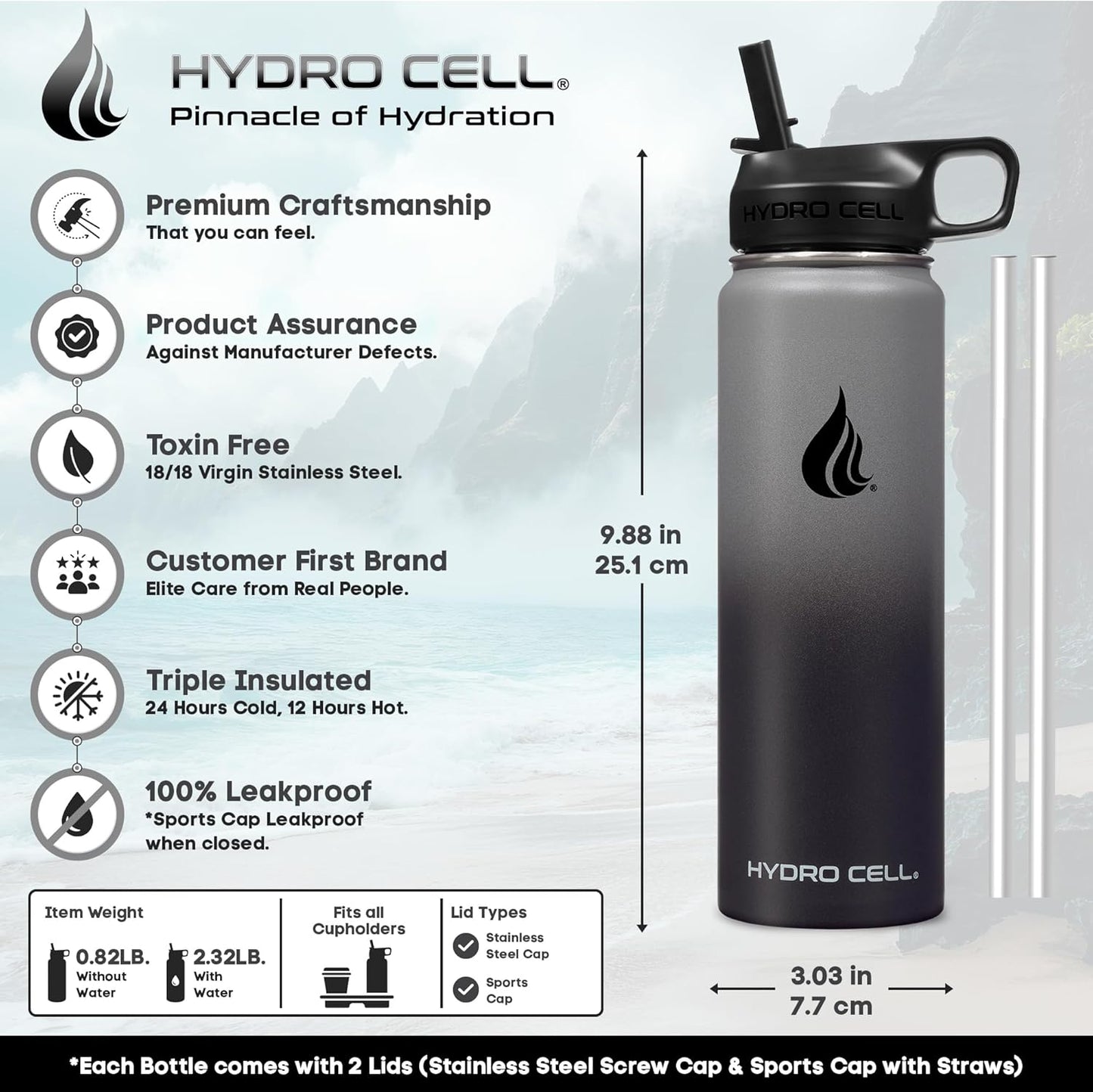 HYDRO CELL Stainless Steel Insulated Water Bottle with Straw - For Cold & Hot Drinks - Metal Vacuum Flask with Screw Cap and Modern Leakproof Sport Thermos for Adults (Graphite/Black 24oz)