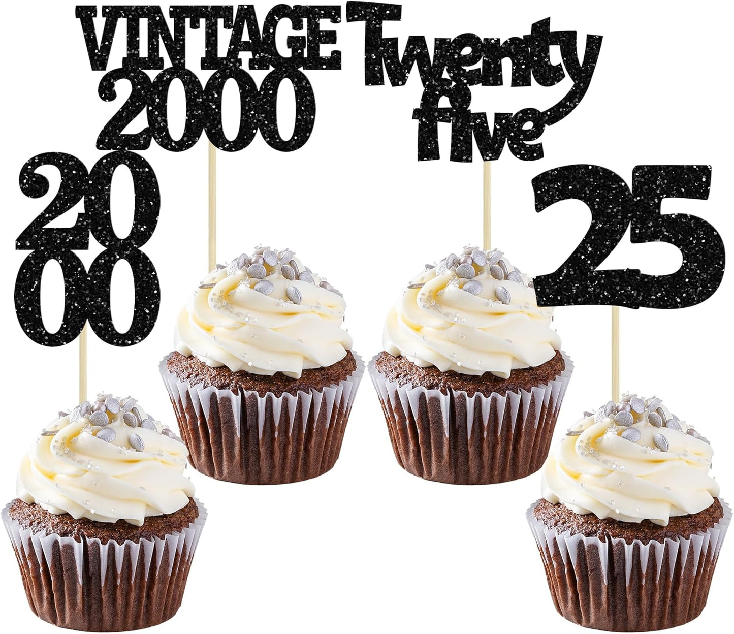 Gyufise 24Pcs 25th Birthday Cupcake Toppers Glitter Twenty-five Vintage 2000 Cheers to 25 Cupcake Picks Hello 25 Years Birthday Cake Decoration for Happy 25th Birthday Anniversary Party Supplies Black