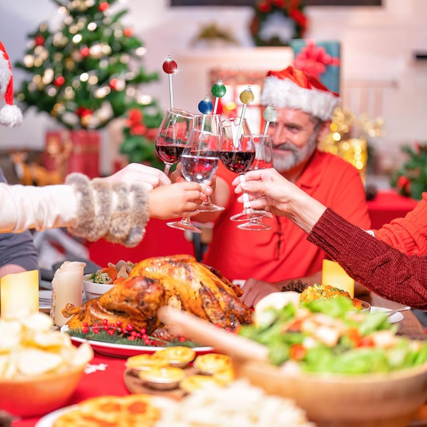 Iceyyyy 36 Pcs Christmas Glitter Ball Drink Stirrers-Reusable Round Top Christmas Stir Sticks-Colorful Swizzle Sticks for Home Holiday Cocktails Party Coffee Bar Juices Shop