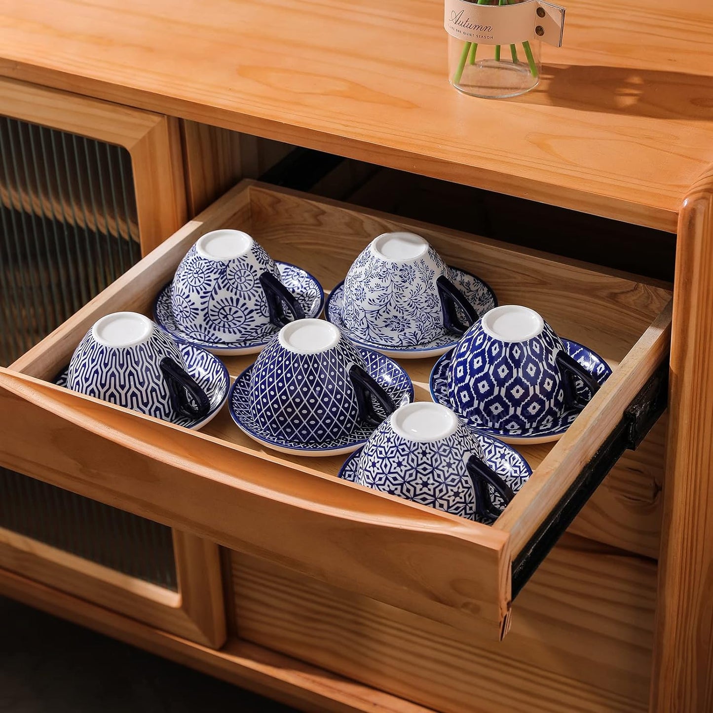 Selamica Ceramic 8 oz Cappuccino Cup Set with Saucers, Espresso Coffee Cups, Latte Macchiato for Party Cafe Home, Set of 6, Vintage Blue