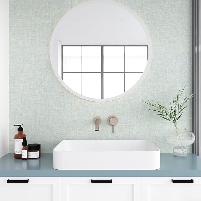 VEELIKE Blue Gold Grasscloth Peel and Stick Wallpaper 15.7''x118'' - Image 4