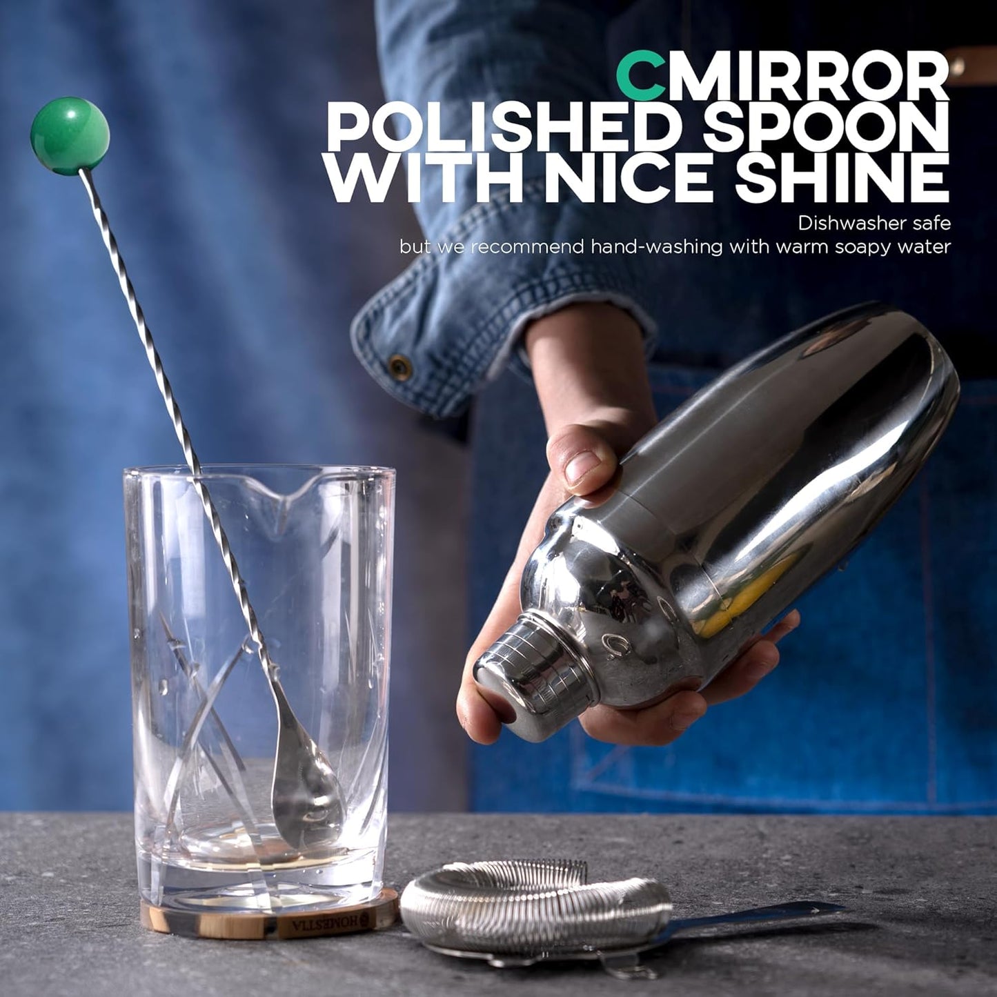 Homestia 12-Inch Natural Gemstone Bar Spoon, 304 Stainless Steel Cocktail Spoon for Layering Long Spiral Handle Mixing Spoon Stirrers for Drink (Green)