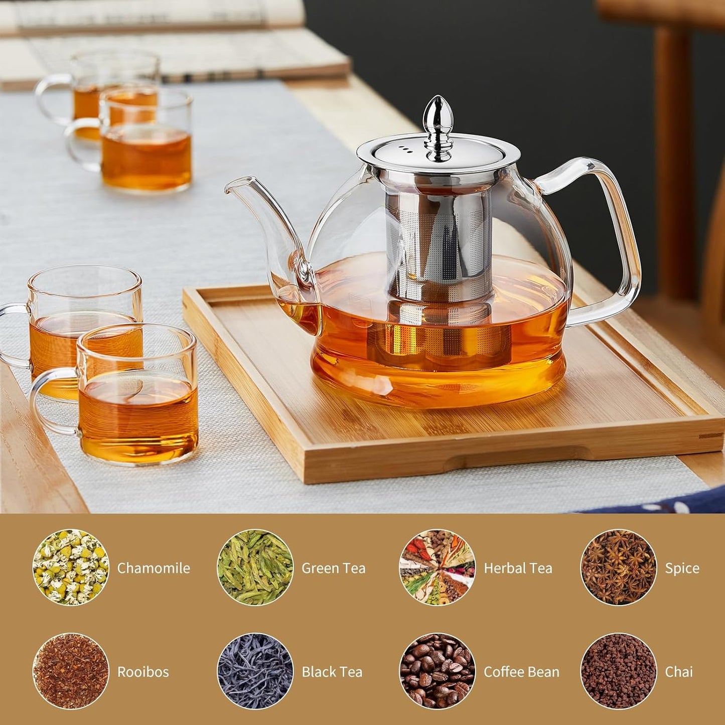 1200ml Glass Teapot with Removable Infuser, Stovetop Safe Tea Kettle, Blooming and Loose Leaf Tea Maker Set