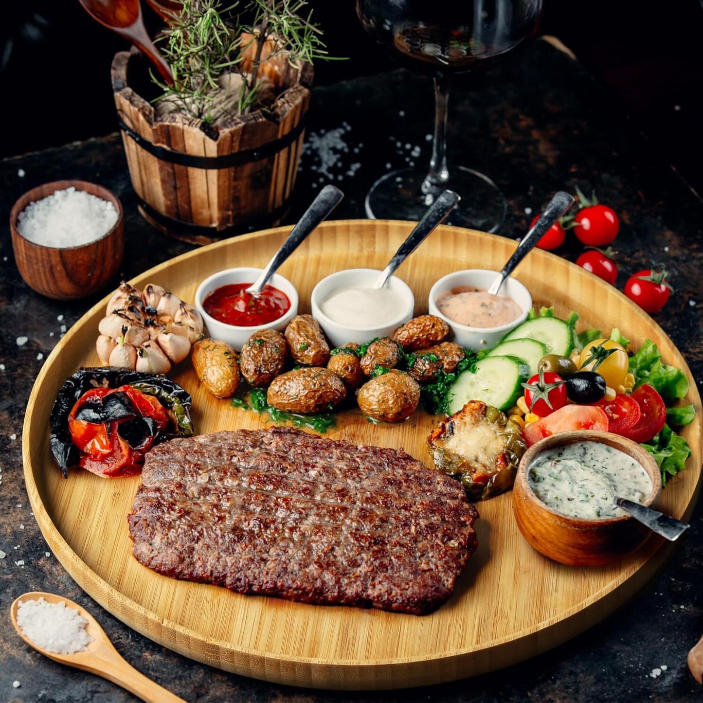 12" Premium Bamboo Round Tray - Natural Multipurpose Serving Platter for Grilling, BBQ, Tea, Coffee & Ottoman Decor