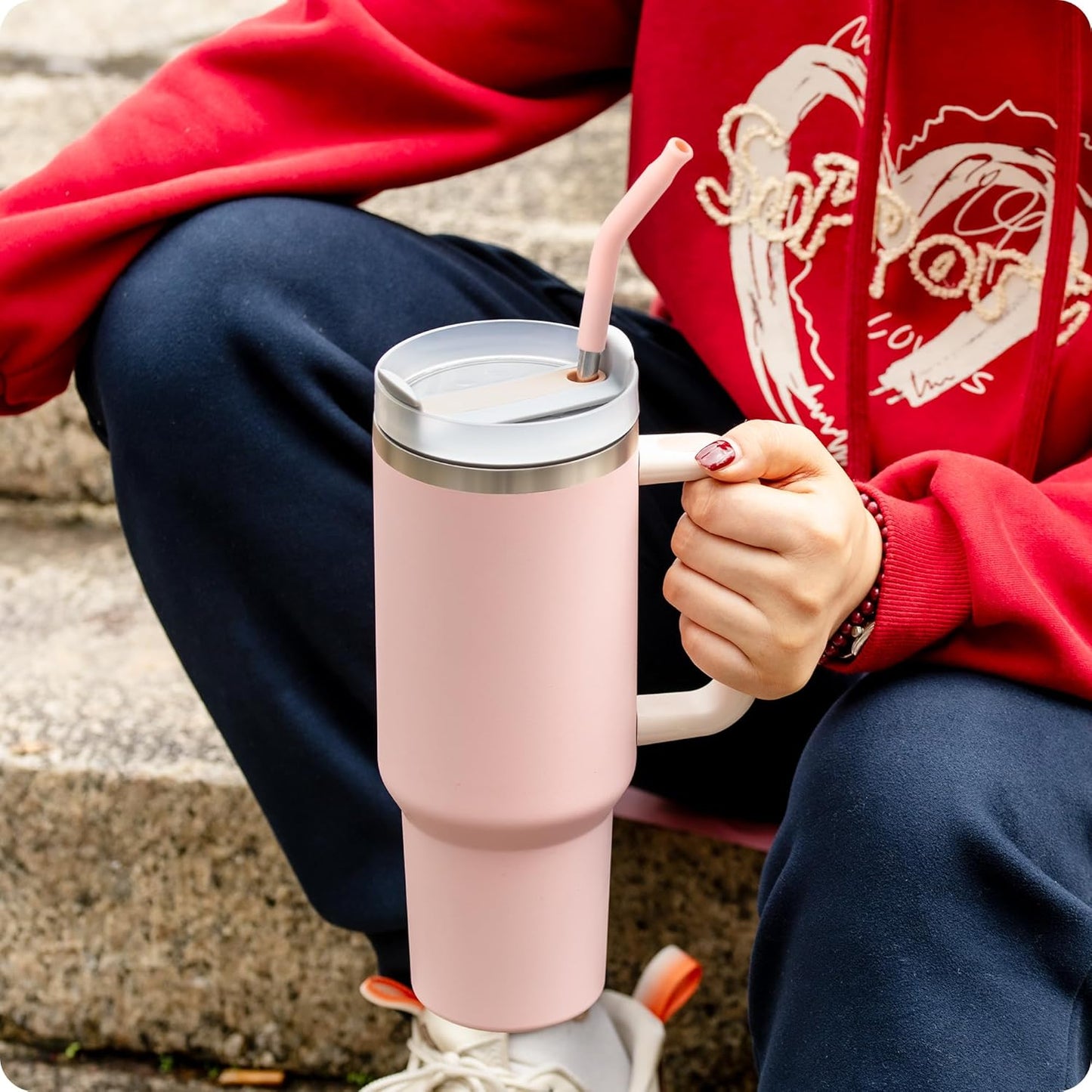 Snowfall Metal Straw for Stanley 40 OZ Tumbler, Long Reusable Stainless Steel Replacement Straws with Silicone Tip for Simple Modern 40 OZ Tumbler (Light Pink)