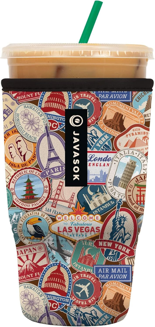 Sok It JavaSok Iced Coffee & Cold Soda Insulated Neoprene Cup Sleeve (World Traveler, Large: 30-32oz)