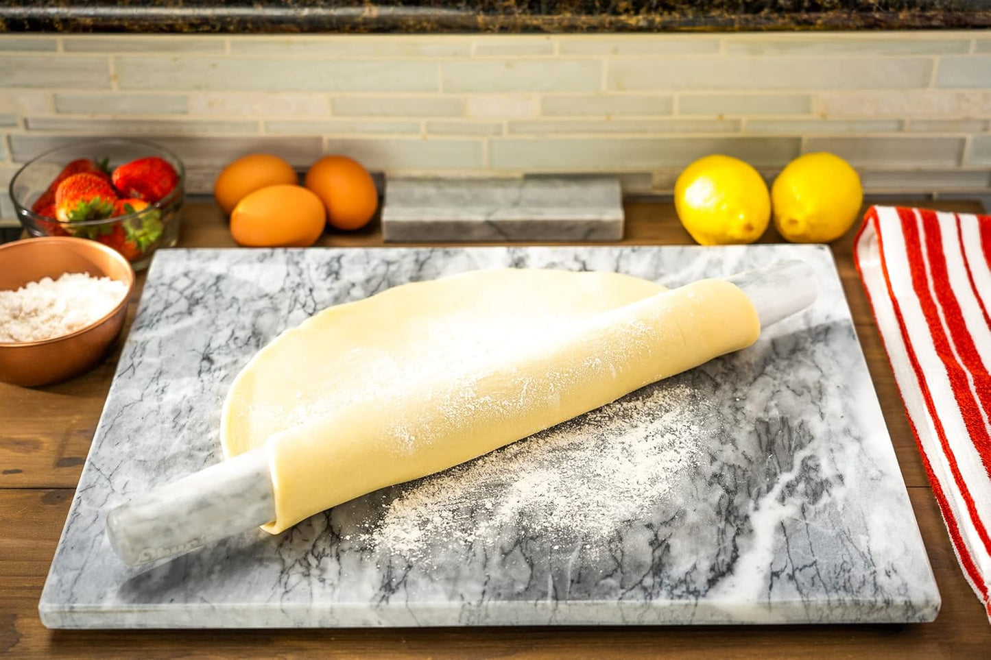 Marble Pastry Board and French Rolling Pin Set – 16” x 12” Chilling Slab + 16” Rolling Pin – Non-Slip Feet – Ideal for Baking, Cheese, Charcuterie, Gifts & Elegant Kitchen Display
