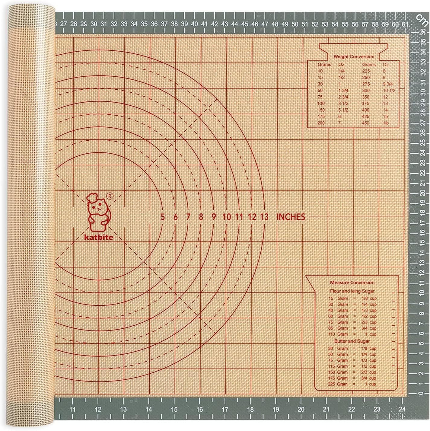 katbite Silicone Pastry Mat Non Stick, Silicone Baking Mat 26" x 16" with Measurement, Non-Slip Dough Rolling Mat for Counter, Oven Liner, Pie Crust, Reusable Fondant Mat Extra Thick