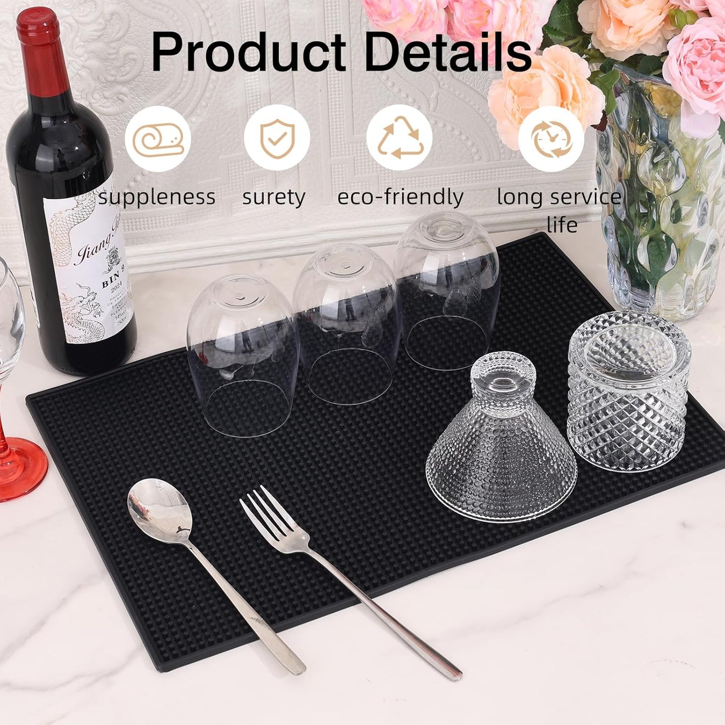 6 Pcs Bar Mats for Countertop 18 x 12 Inch Rubber Silicone Drying Coffee Non Slip Mat for Bartending Home Cocktail Bars Restaurants (Black)