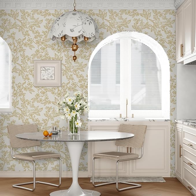 Ismoon Floral Wallpaper Peel and Stick Vintage Flower Beige and Gold Contact - Image 8