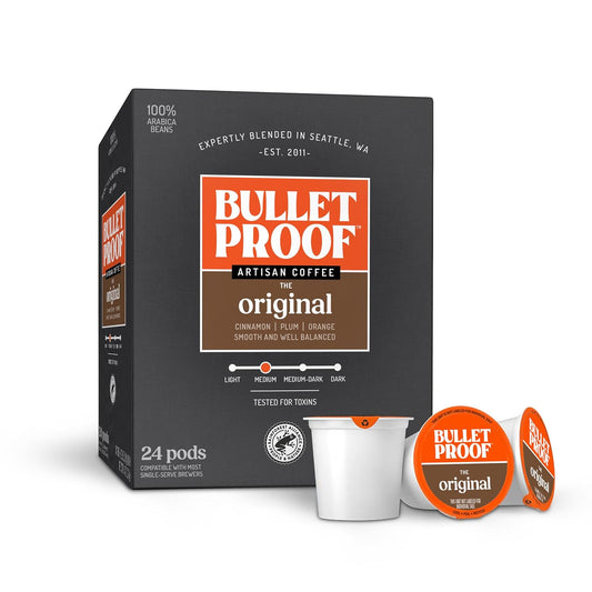 Bulletproof Original Medium-Roast Single-Serve Coffee Pods, 24 Count, 100% Arabica Beans, Clean Coffee Tested for Toxins, Packaging May Vary