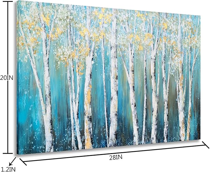 Yihui Arts Birch Tree Canvas Wall Art Hand Painted Teal and White Color Painting - Image 2