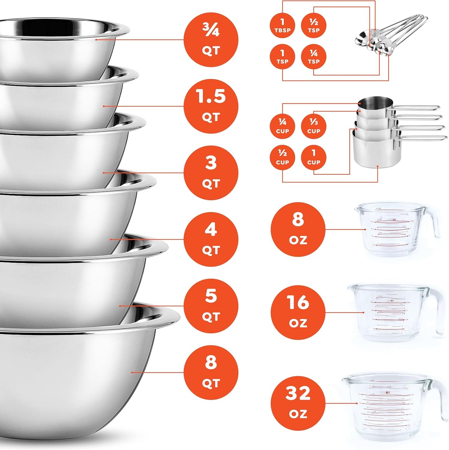 Eatex Mixing Bowls with Measuring Cups & Measuring Spoons 17 Piece Set - Nesting Stainless Steel Mixing Bowls Set for Kitchen, Measuring Spoons & Glass Liquid Measuring Cups, Dishwasher Safe Meal Prep