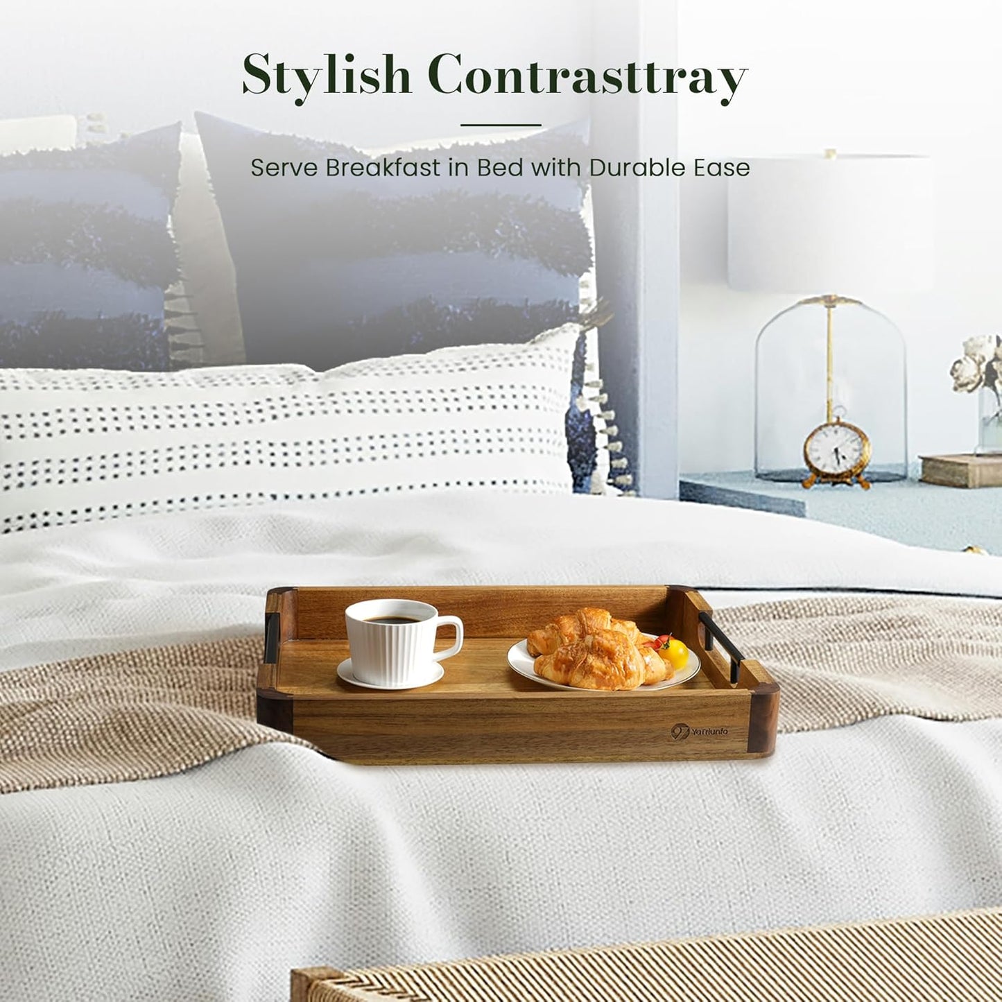 Wood Serving Tray with Handles, 17"x13" Large Decorative Ottoman Tray for Coffee Table, Walnut and Acacia Wooden Serving Trays for Party, Home Decor Rectangular Platters with 3 Silicone Mats