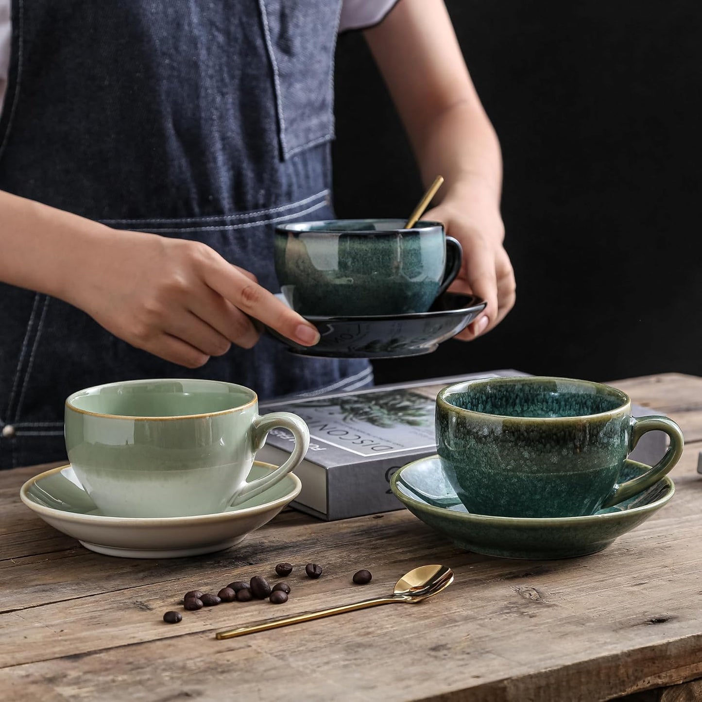 Porcelain Coffee Cup with Saucer Spoon, Vintage Design Ceramic Latte Art Cappuccino Barista Espresso Tea Cup with Saucer (11.6 oz, 350ml, Crystal Green)
