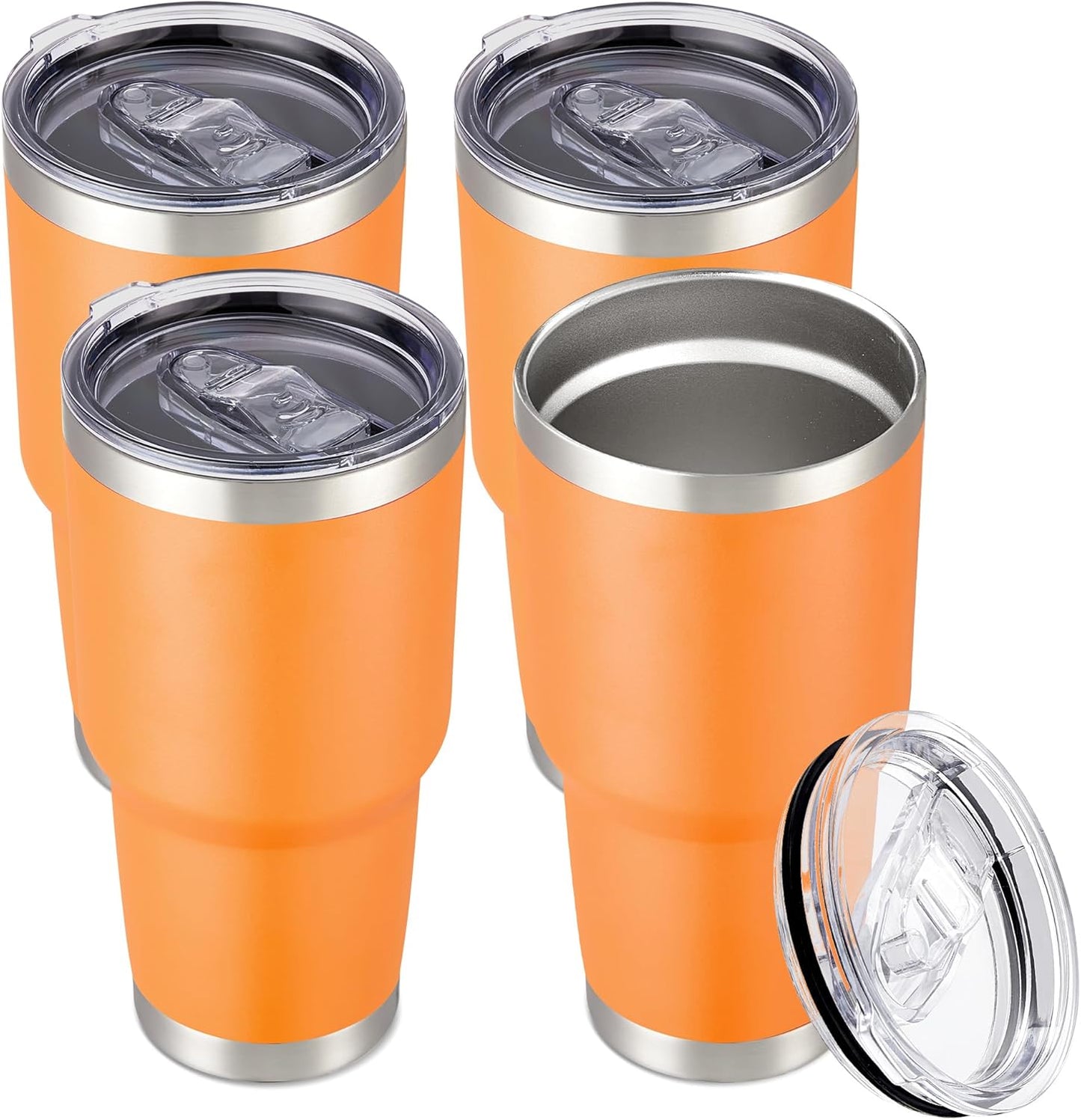 30 oz Tumbler with Lid Stainless Steel Tumblers Bulk Vacuum Insulated Cup Reusable Powder Coated Travel Mug Double Wall Leak Proof Cups Keep Cold Drinks for 12 Hours Orange, Set of 4