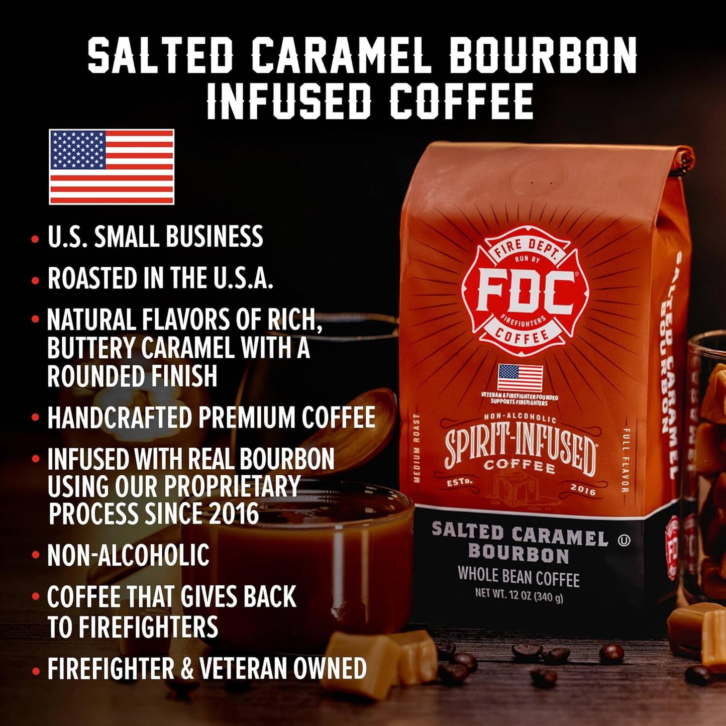 Fire Department Coffee - Salted Caramel Bourbon Coffee - Gives Back to Firefighters - Premium Bourbon Infused - Ground Medium Roast - Non-Alcoholic - Roasted in the USA - Veteran Owned - 12 oz