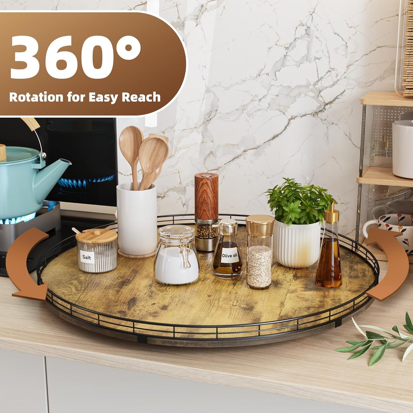 Lazy Susan Turntable Organizer for Table Top, 24’’ Round Wooden Lazy Susan for Cabinet Kitchen Countertop Pantry Dining Coffee Table for Condiments Spices, Rustic Bathroom Vanity Tray for Soap Candle