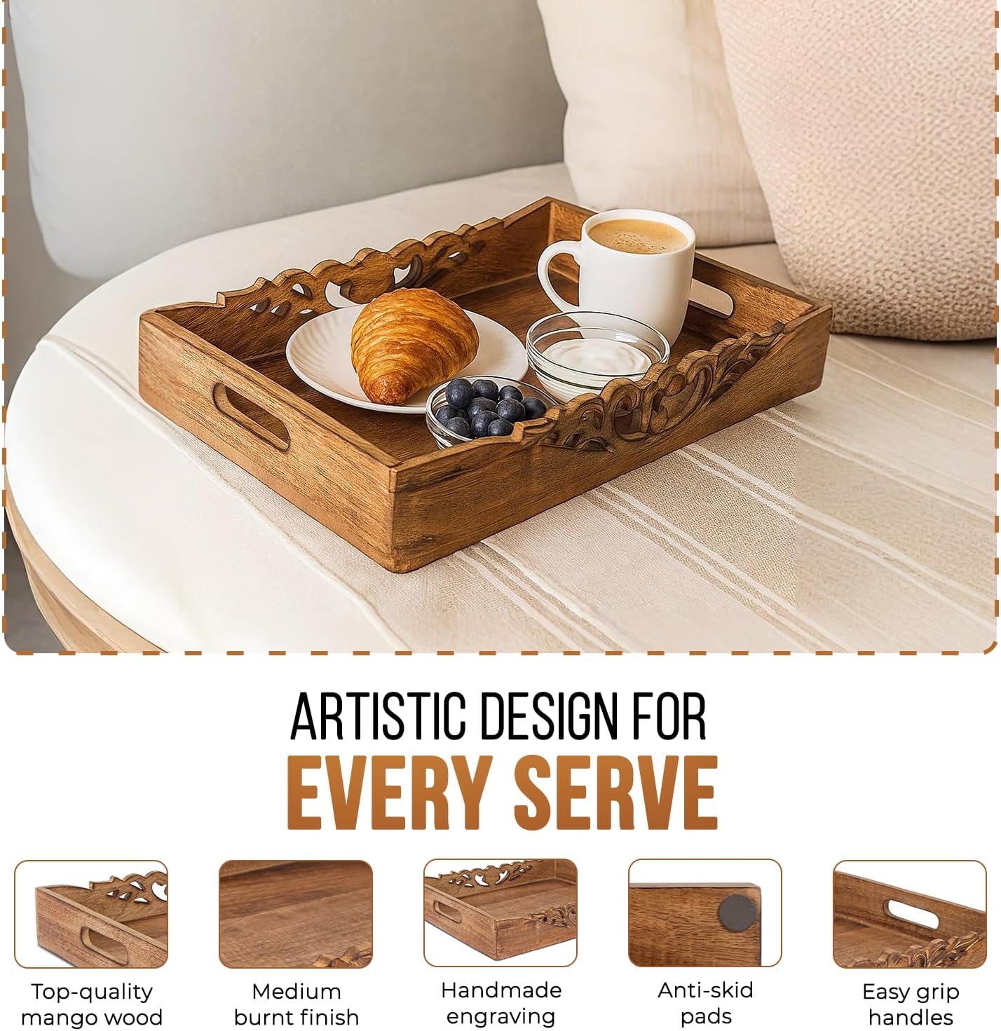 Mela Artisans Orchid Design Wooden Decorative Tray with Handles | 16x12x2.5 Mango Wood Ottoman Tray | for Kitchen Countertop | Coffee Table | Snacks | Desserts | Breads | Bedroom Decor